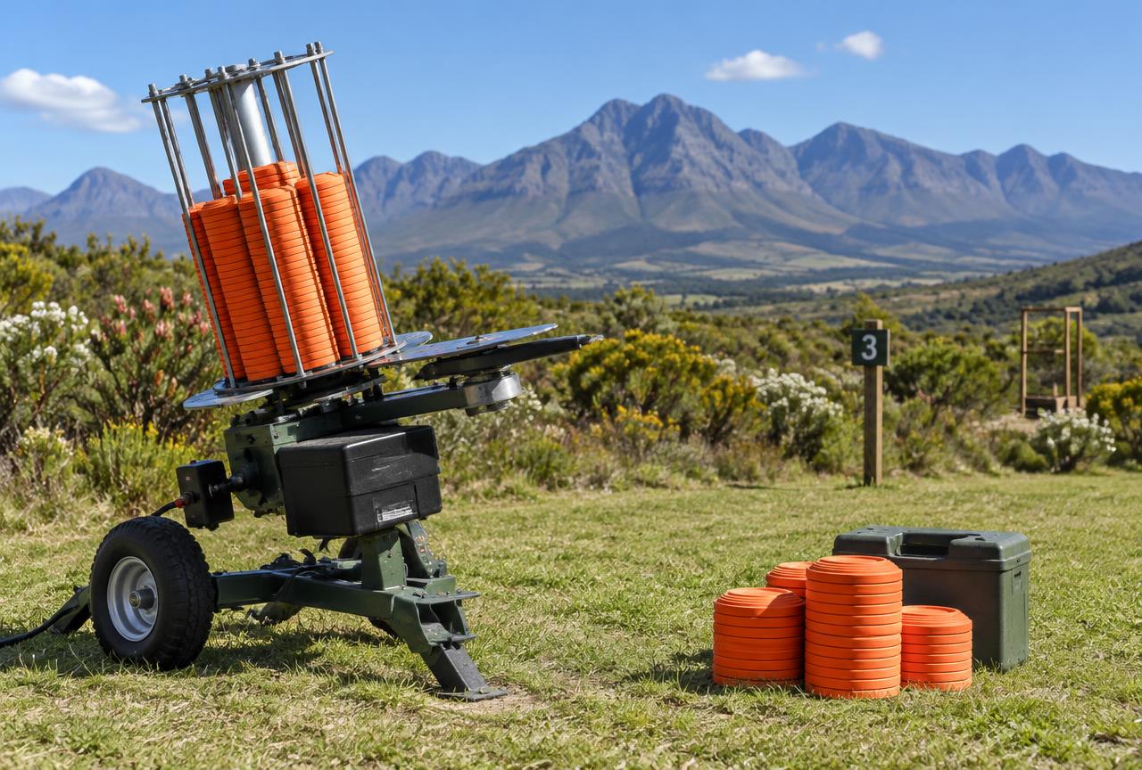 Clay trap machine and orange clays on the Eden shooting field