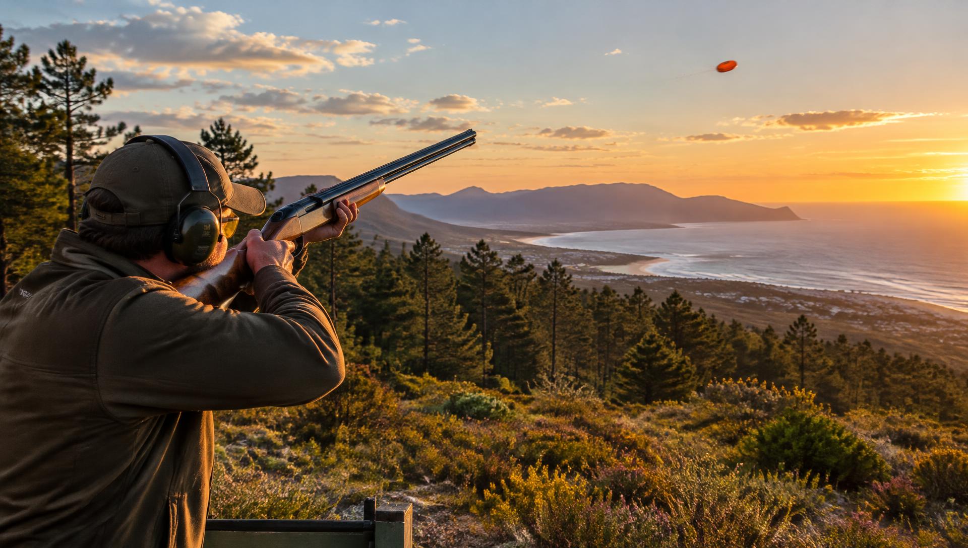 Shooter wearing ear and eye protection aiming at a clay target above the Garden Route coast