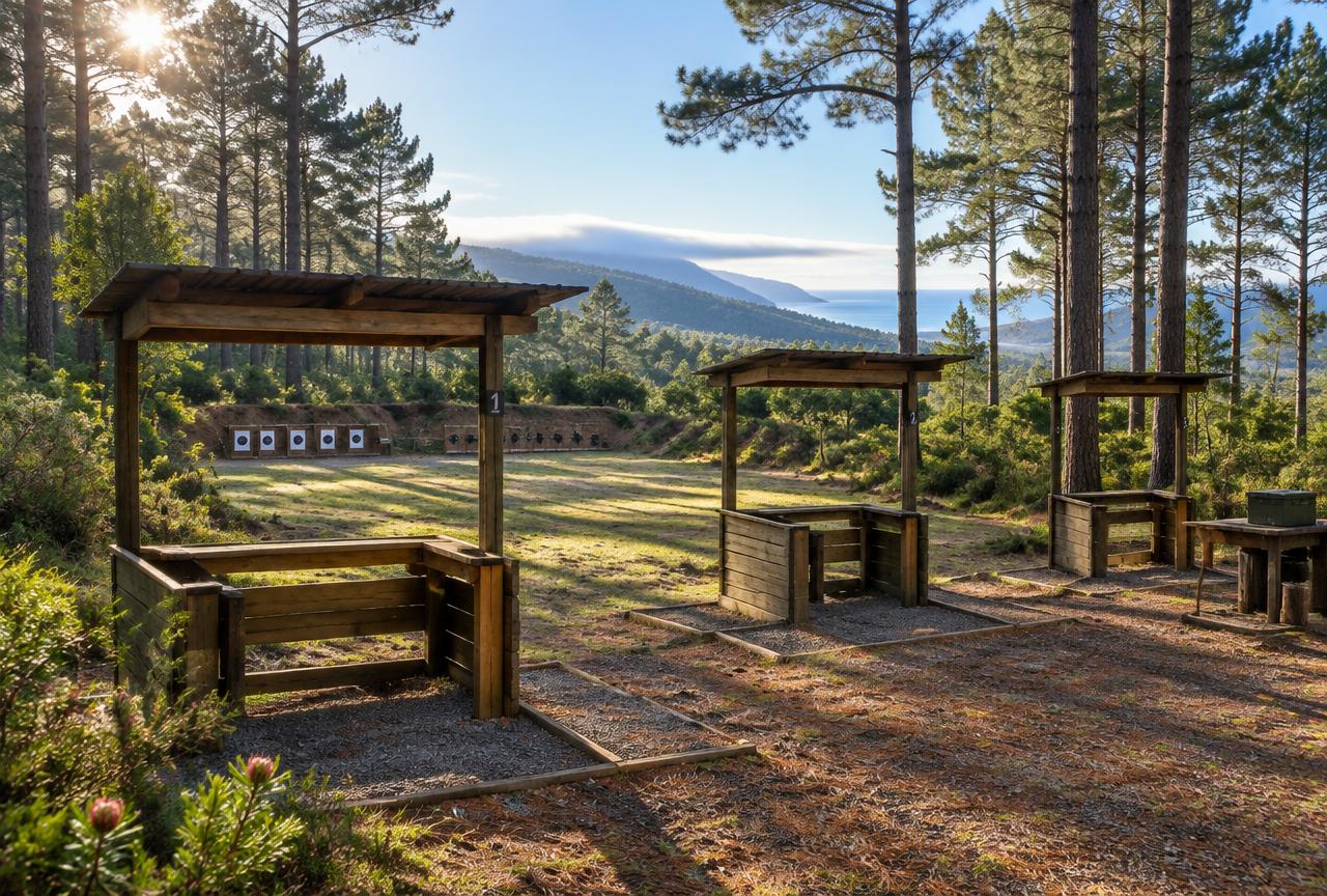 Covered shooting stands in the pine forest at Nature's Way